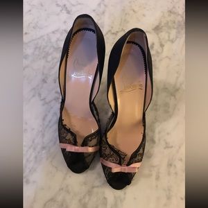 Christian Louboutin 37.5 black lace and pink bow heels